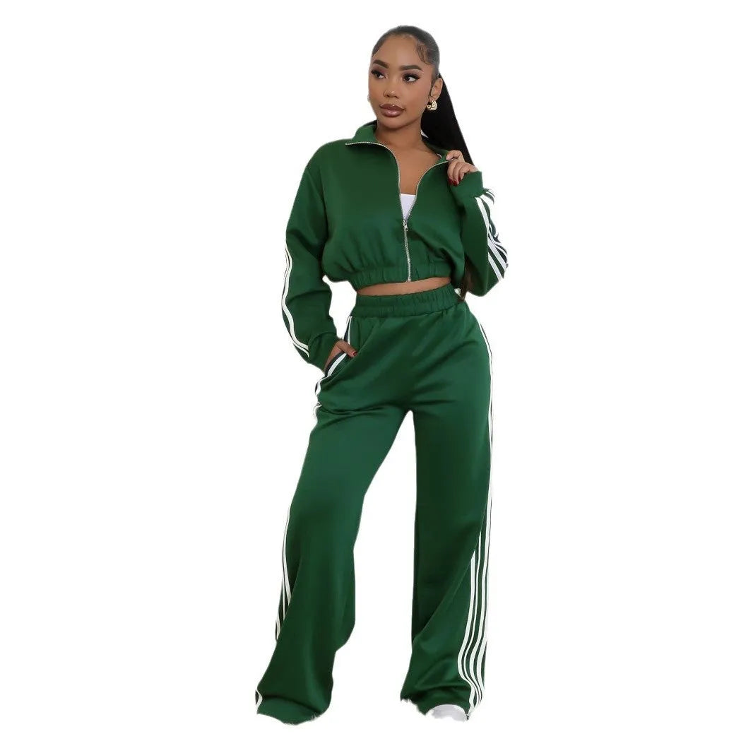 Striped casual two-piece suit set with zipper detail, shown in one of six available colours.