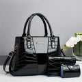 Women's three-piece shoulder bag set in crocodile-stitch PU leather showing main bag, smaller bag, and card holder