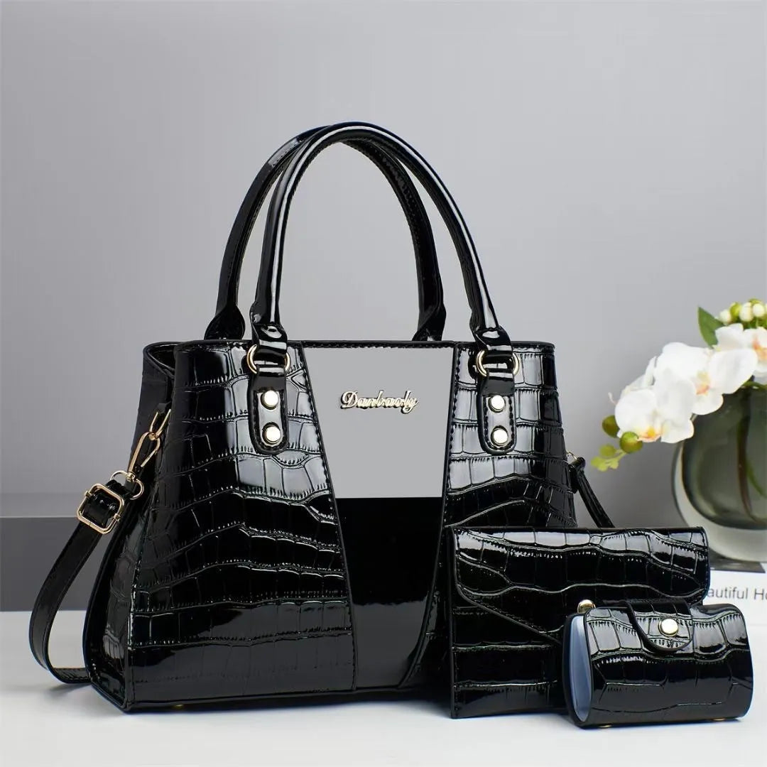 Women's three-piece shoulder bag set in crocodile-stitch PU leather showing main bag, smaller bag, and card holder