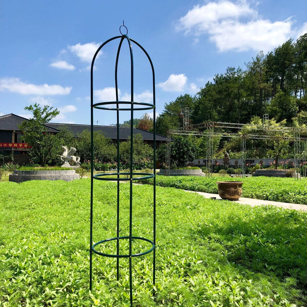 Dark green wrought iron plant climbing frame with lattice pattern, 188cm tall