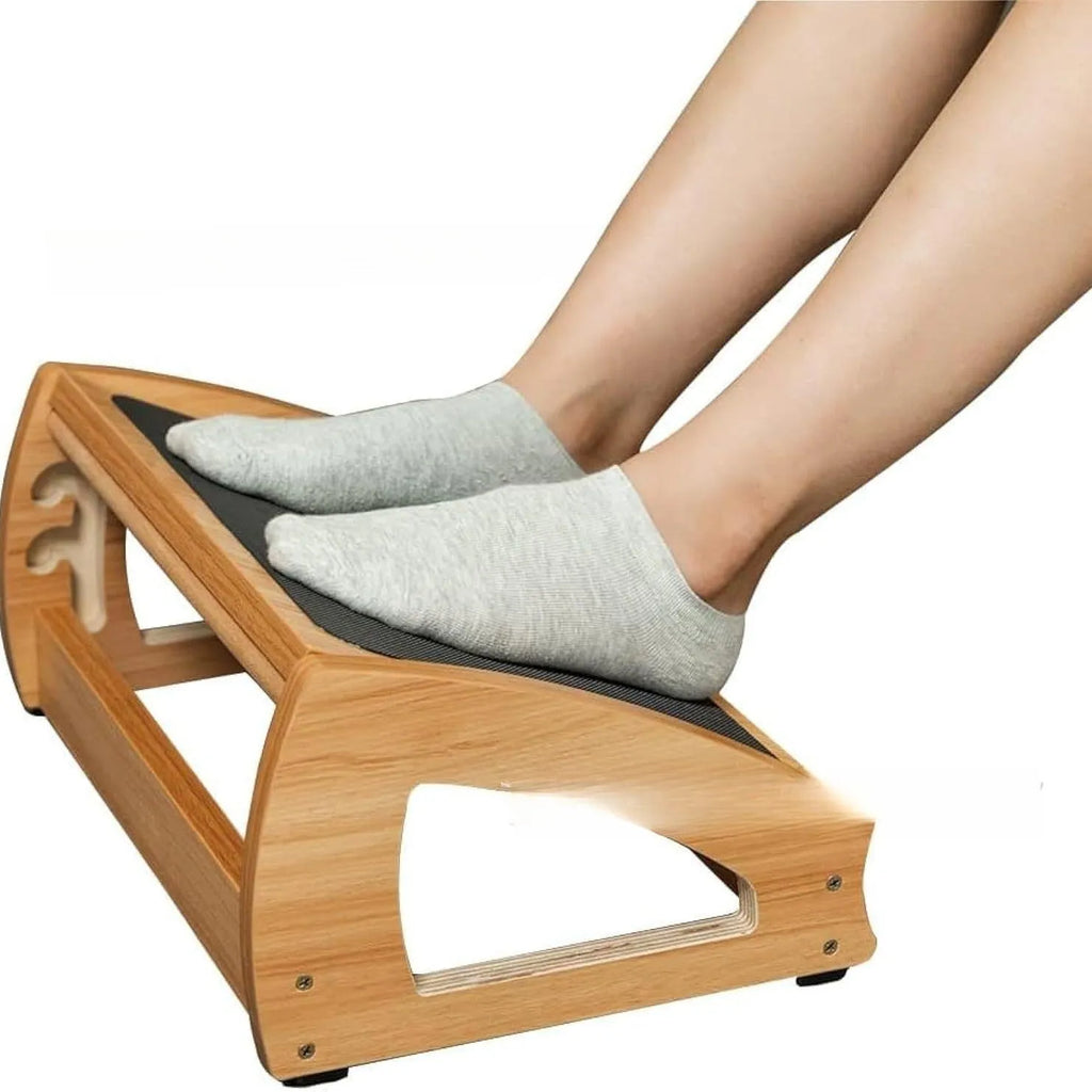 Wooden adjustable bamboo footstool in natural wood colour for office desk use.