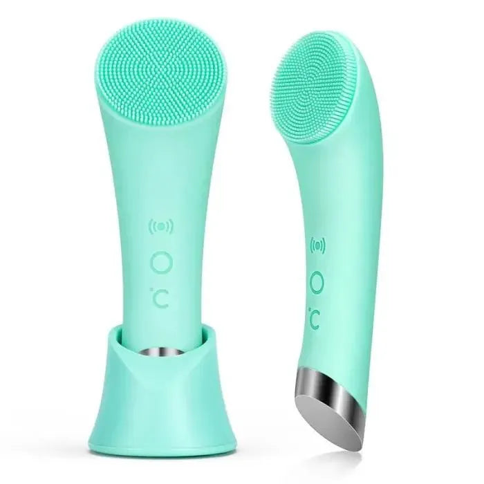 Pink electric silicone face cleansing brush with vibration and heating functions, USB rechargeable