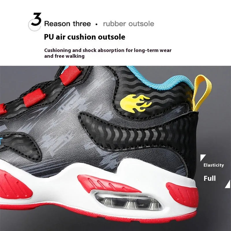 Boys' black basketball shoes with a rotating button closure and a white PU sole.