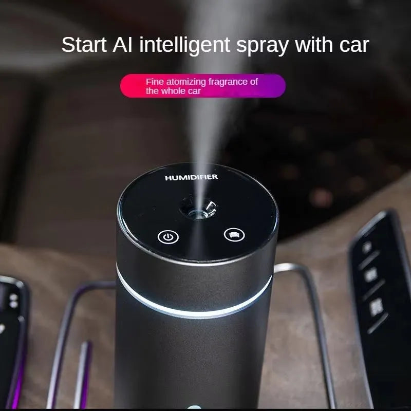 Black portable car air humidifier and essential oil diffuser with aluminium body and USB cable