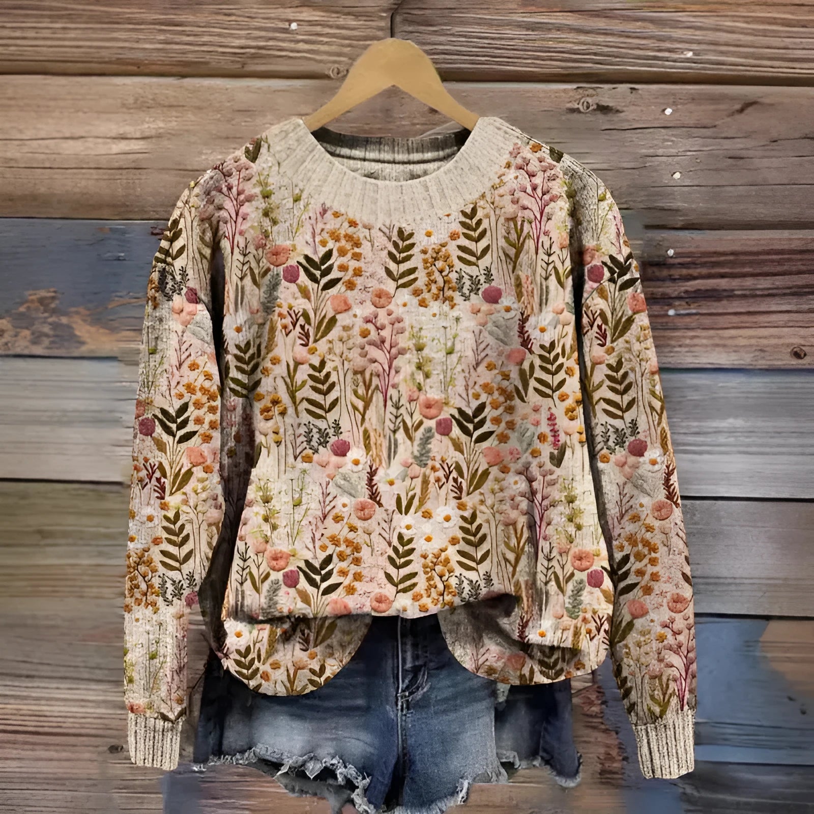 Women's round neck long sleeve sweater with a digital floral print pattern.