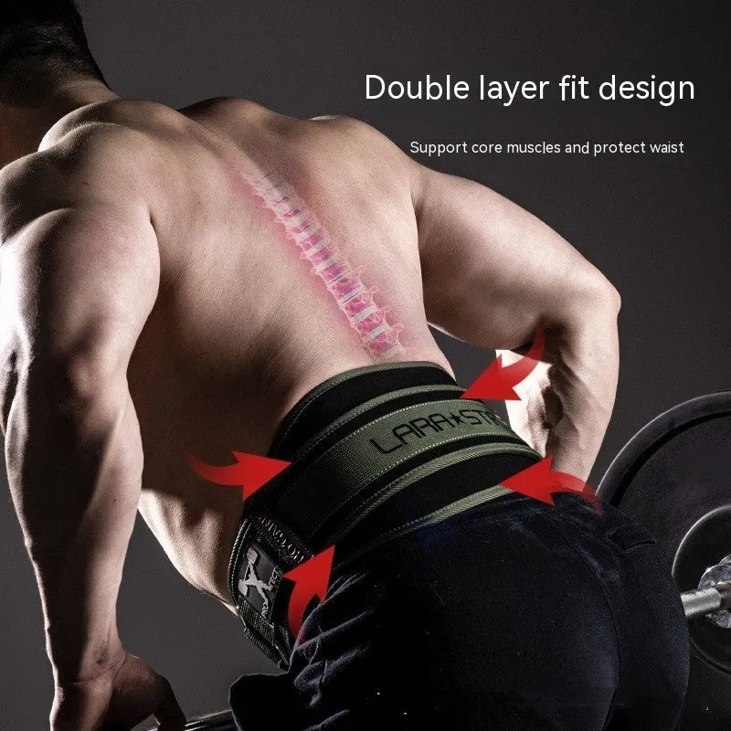Men's fitness lumbar support belt in army green for weight training and gym workouts.