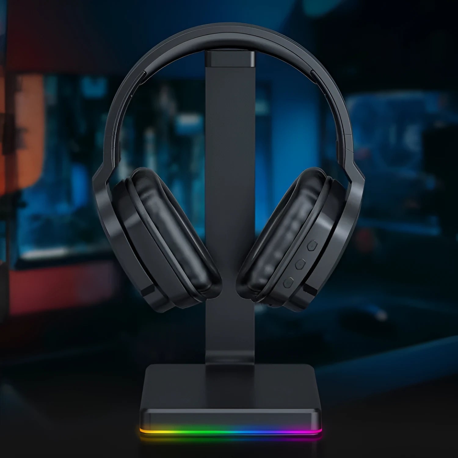 Luminous black wireless headphones with head-mounted design showing ear cups and adjustable headband