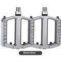 Aluminium alloy bicycle pedals with built-in LED lights in purple, black, titanium, red, and gold colour options.