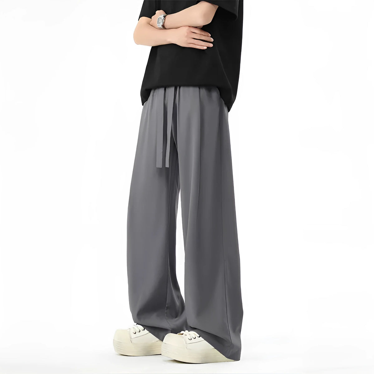 Men's quick-drying loose straight wide-leg casual trousers in solid colour, polyester blend, drawstring mid waist