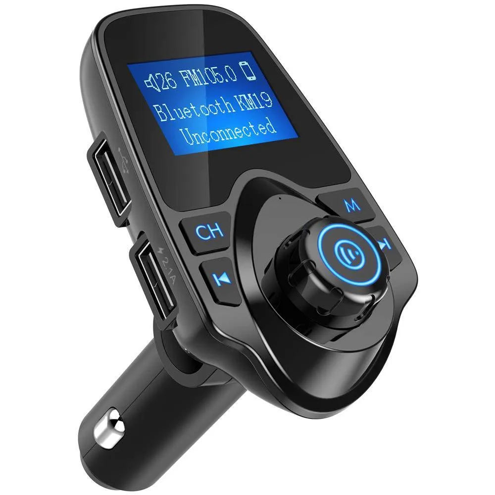 Car FM transmitter with 1.3-inch monochrome screen, AUX interface, ABS body, and 12-24V power supply
