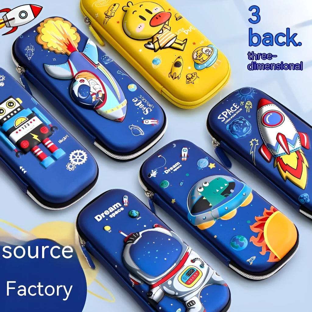 Three-dimensional EVA cartoon pencil case with large capacity, featuring an astronaut design on a blue background