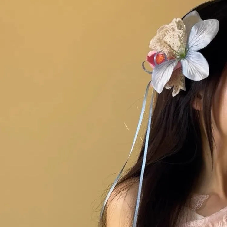 Blue pink cloth flower hair barrette for women, single spring summer floral hair accessory