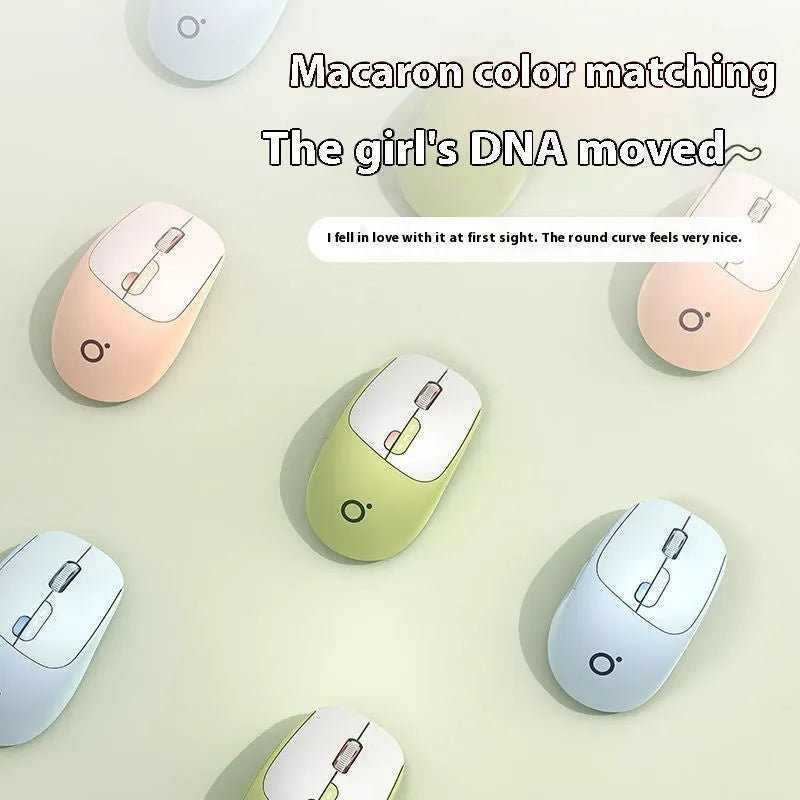 A mute wireless Bluetooth mouse in Matcha Green colour on a desk, showing its compact size and five-button layout.