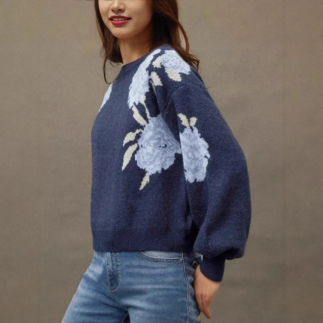 Sapphire blue women's pullover with floral jacquard pattern, loose casual fit with off-neck design