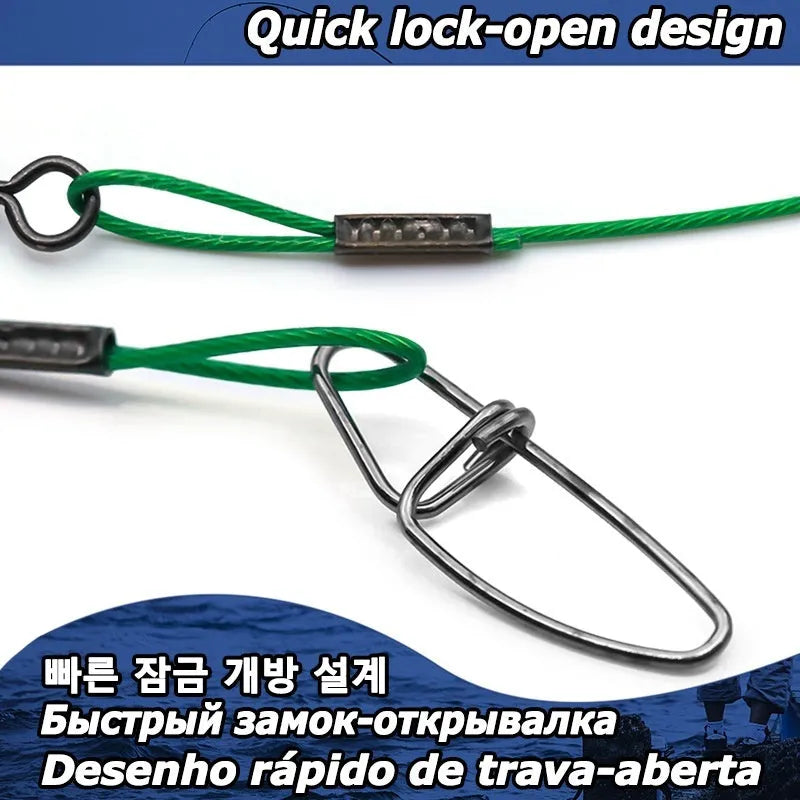 Ten 54cm long steel wire double buckle fishing pins in green, black, and red colours.