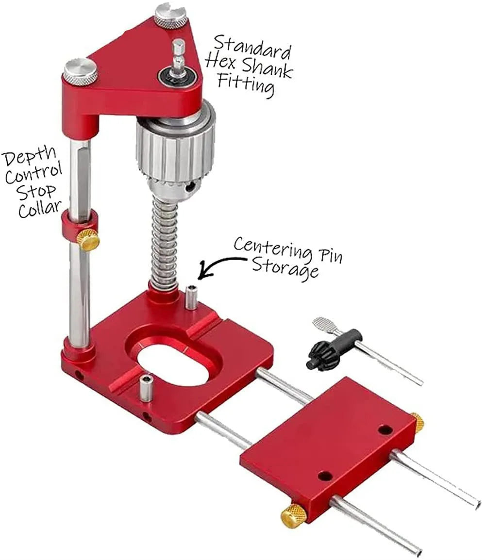 Red alloy steel woodworking drill locator on wood surface with plastic components