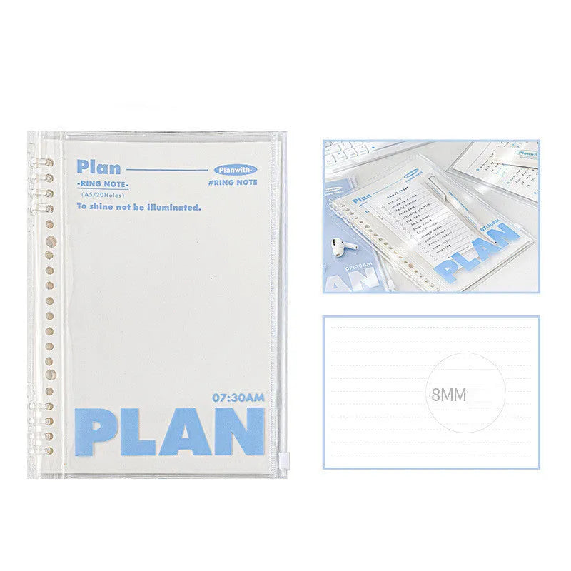 Blue and white A5 PVC spiral notebook with Wire-O binding on a flat surface