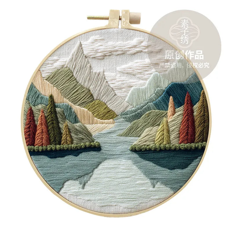 Embroidery DIY kit with landscape printed fabric, threads, needles and 15cm bamboo frame
