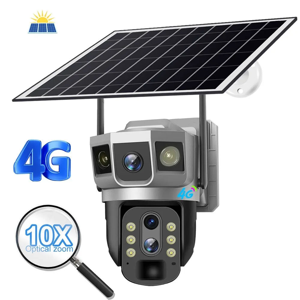V380 outdoor security camera with solar panel showing 10x zoom capability and 4G connectivity