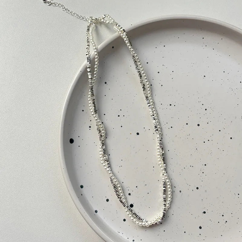 Double-layer winding small pieces silver pearl necklace for women fashion OL style with copper pearl chain