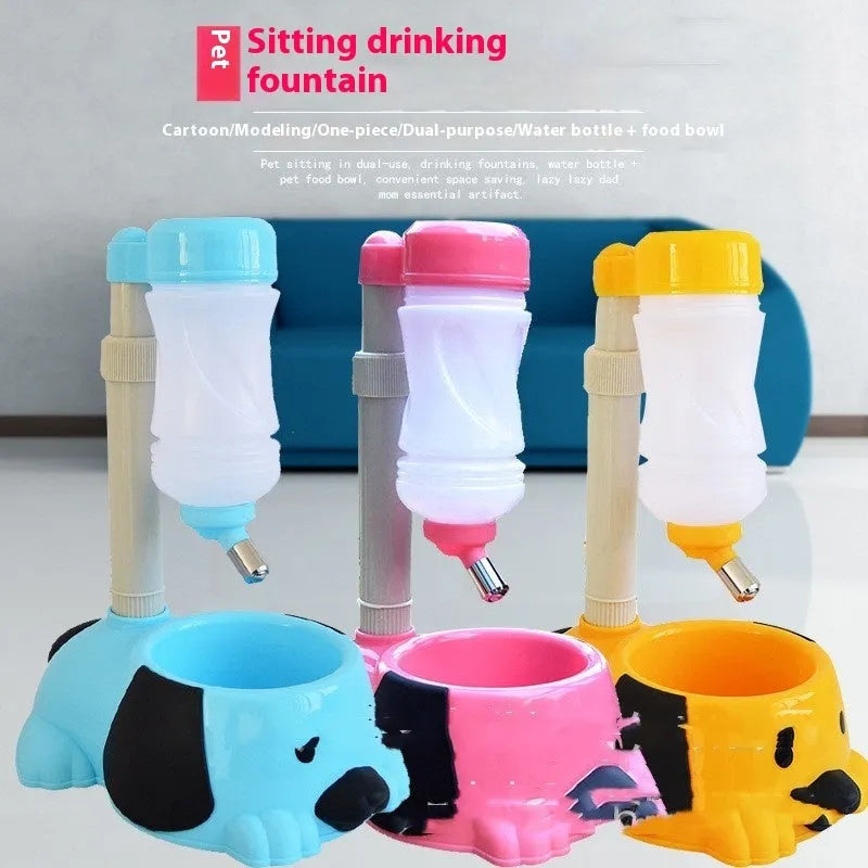 Adjustable plastic pet drinking bowl with rod lifting mechanism in pink colour
