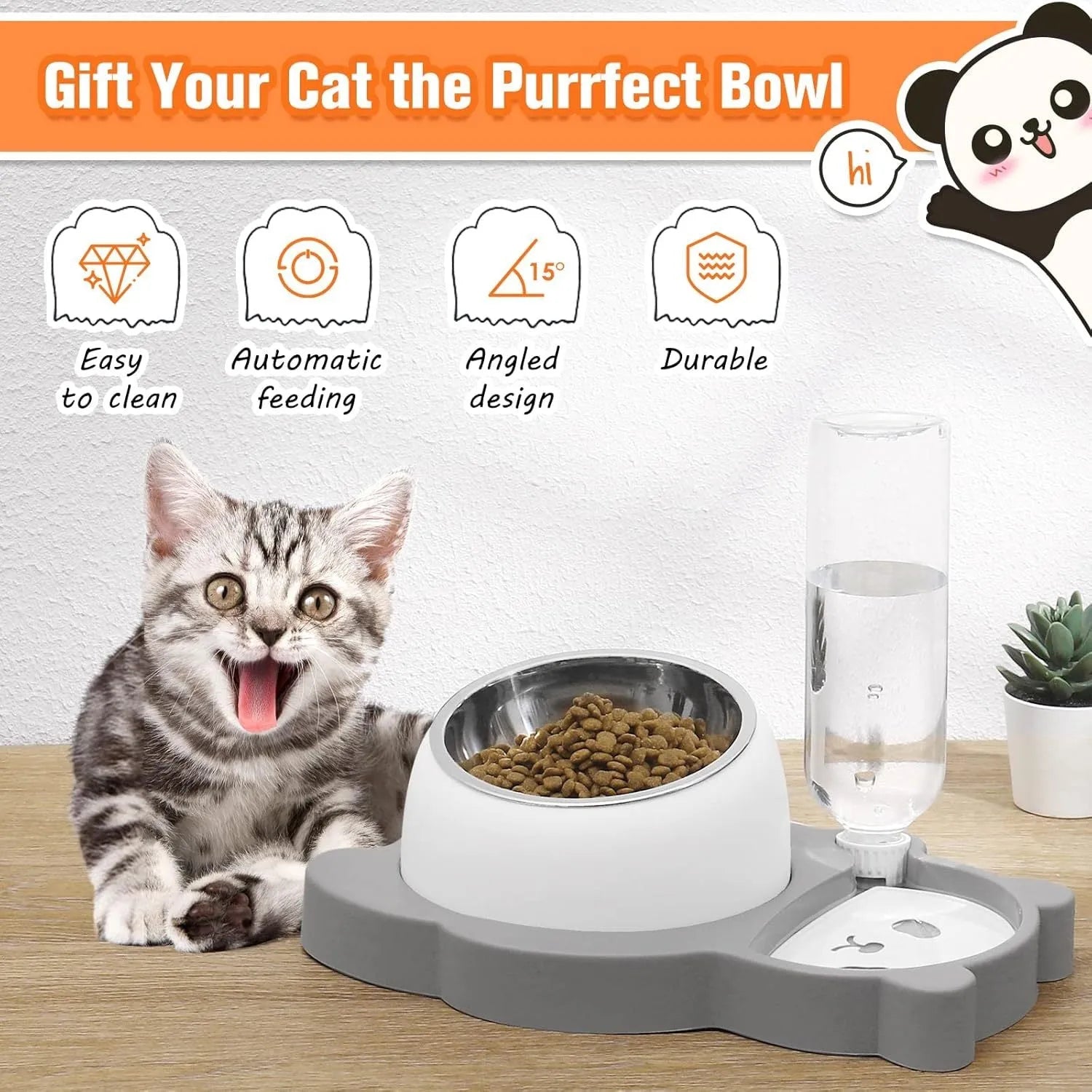 Grey panda-shaped raised pet feeder with tilted stainless steel bowls and a water bottle on a white background.