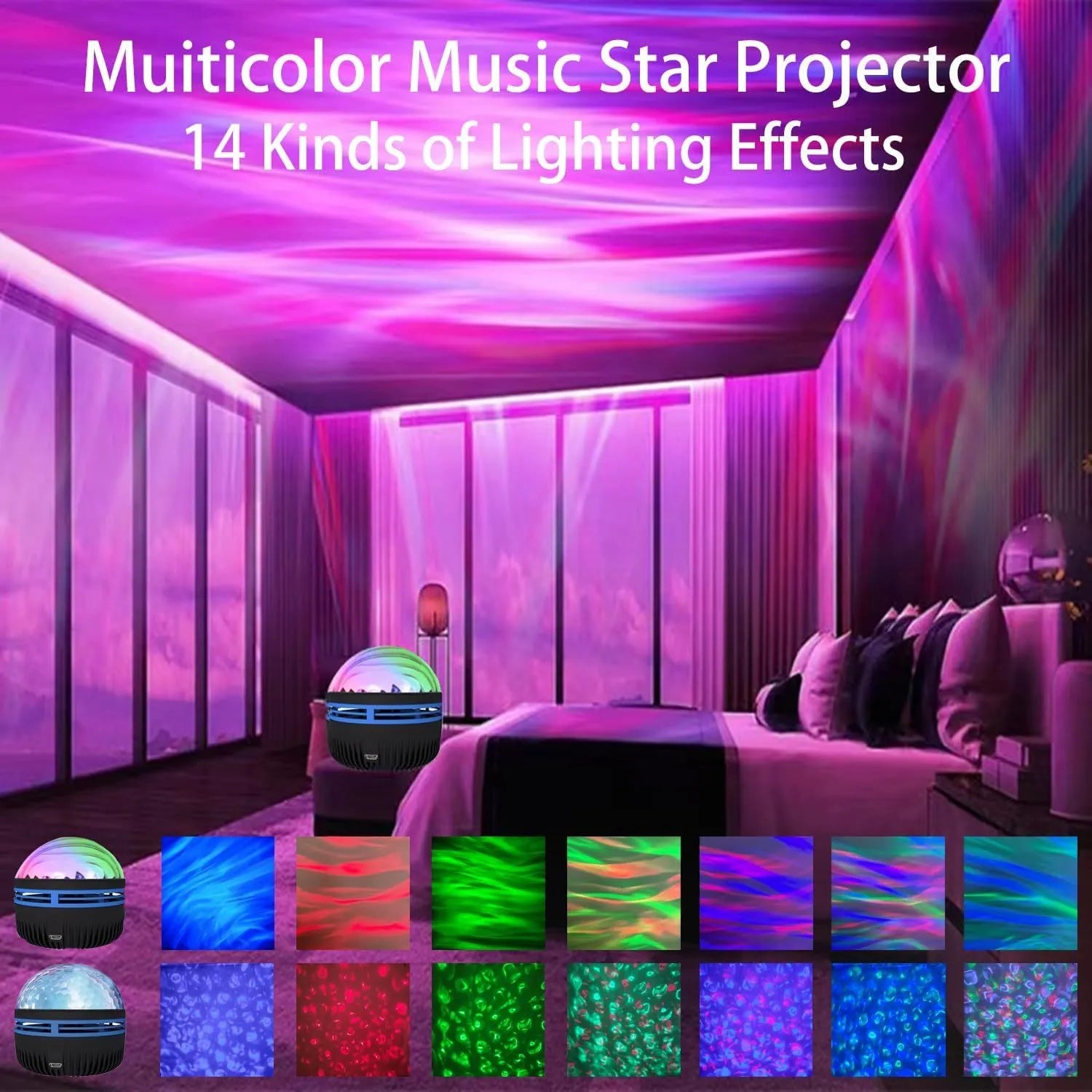 LED galaxy projector lamp with acrylic shade showing colourful rotating star patterns for bedroom or party use