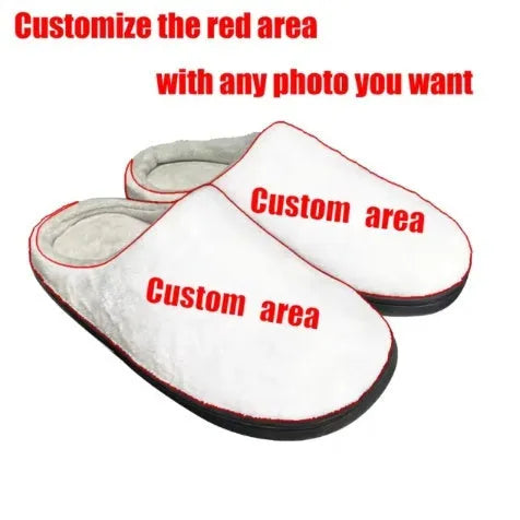 A pair of patterned cotton flannel slippers with TPR rubber soles on a wooden floor.