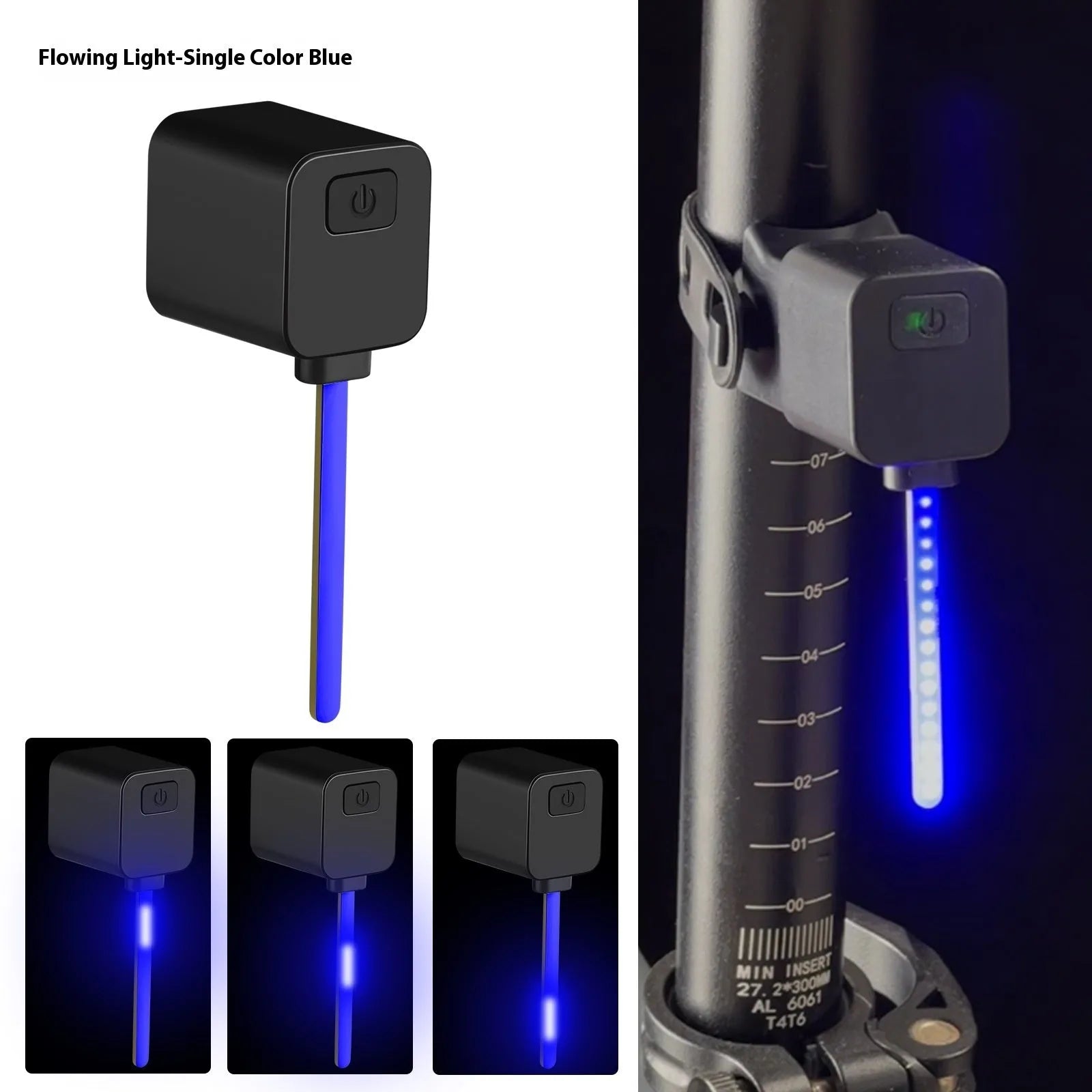 USB rechargeable bicycle running water tail light with silicone strap mount on a bike seat tube.