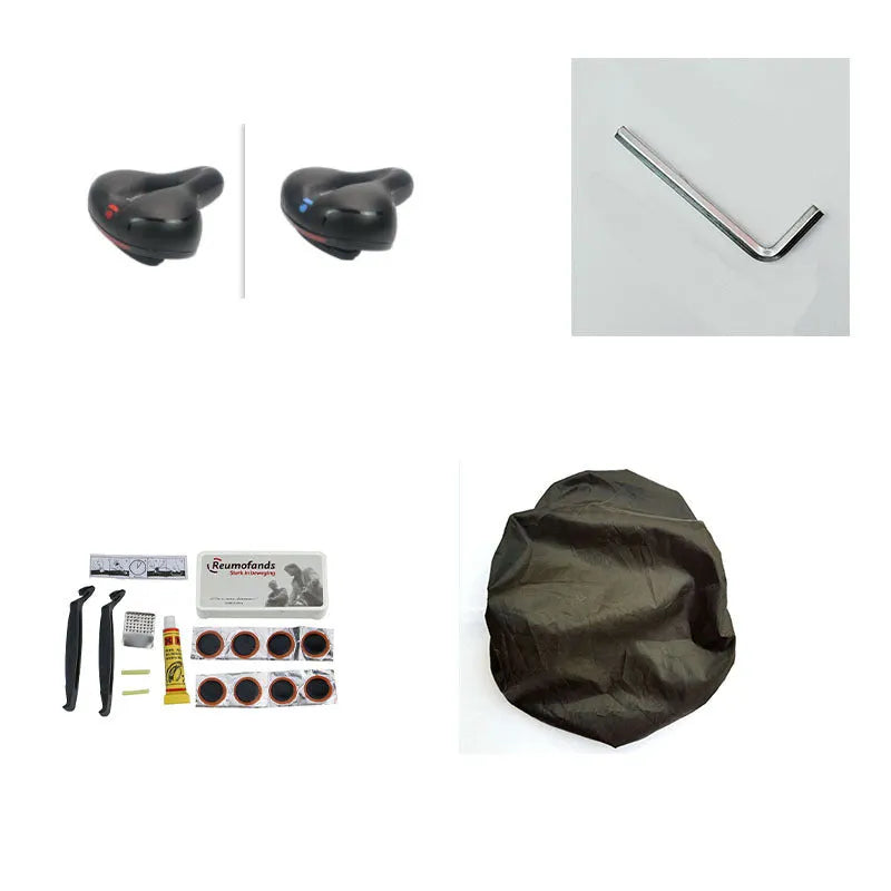 Bicycle saddle cushion with waterproof cover and installation tools including wrench and tyre patch kit