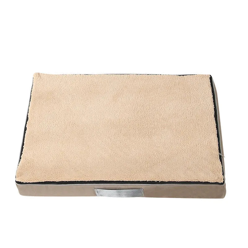Brown removable cover memory foam dog mat showing size options on a wooden floor.