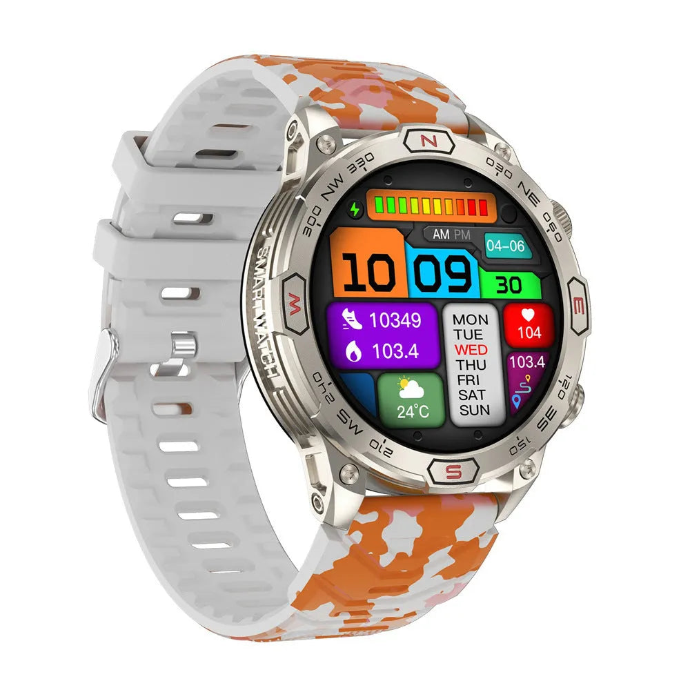 Black sports smartwatch with AMOLED display on a liquid silicone strap, showing fitness stats.