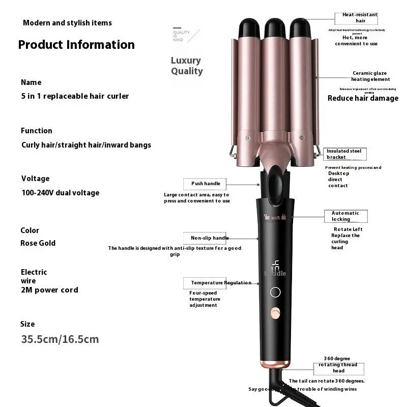 Rose gold five-in-one hair curler with negative ion technology and LCD display