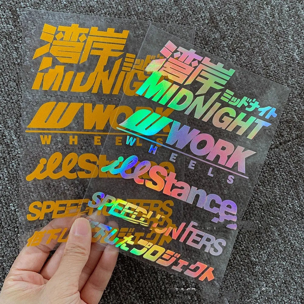 Reflective motorcycle bumper sticker on PET material, 16cm long by 11cm wide.