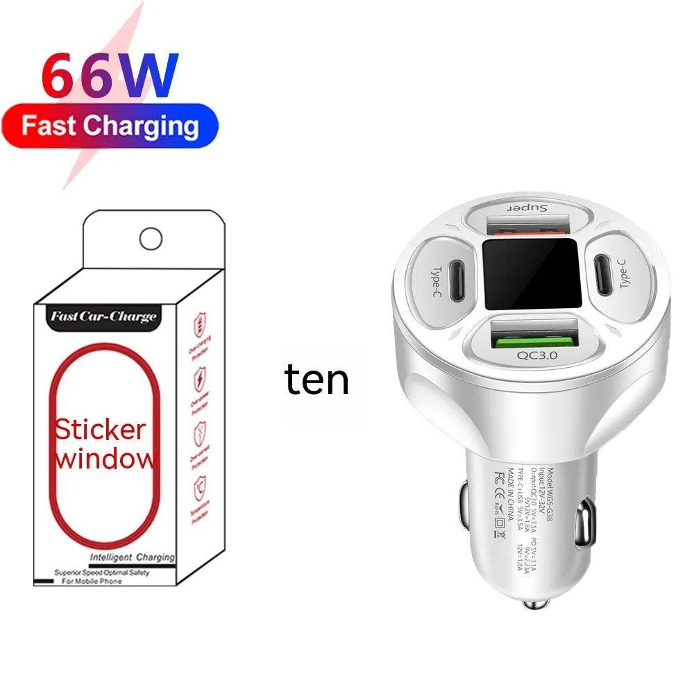 66W digital display car charger with two USB and two Type-C ports for vehicle fast charging