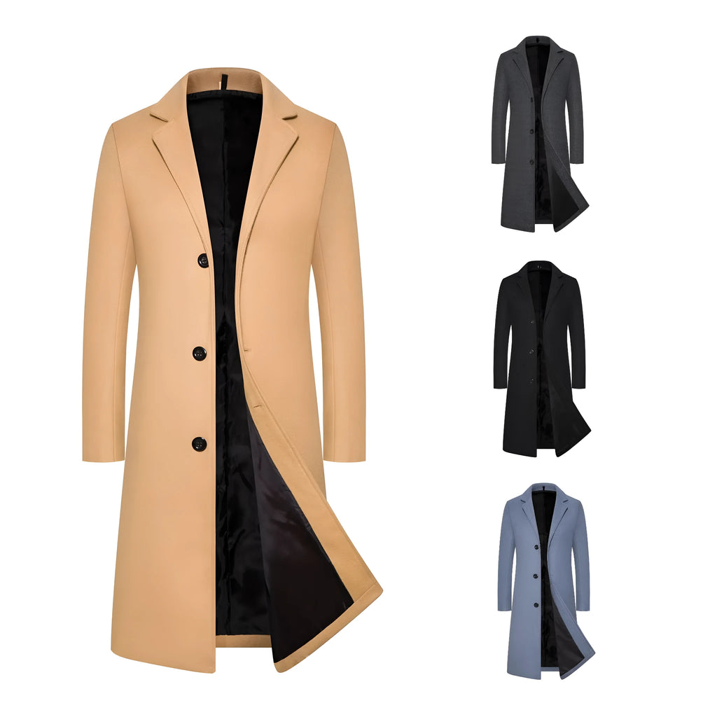 Men's mid-length wool and cotton trench coat in black, dark gray, camel or light gray, slim fit, sizes M to 5XL