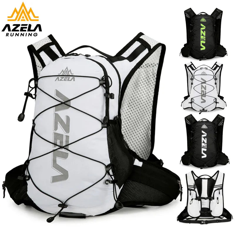 AZELA Reflective Lightweight Cycling Backpack in black and green with breathable mesh back panel and hydration hose