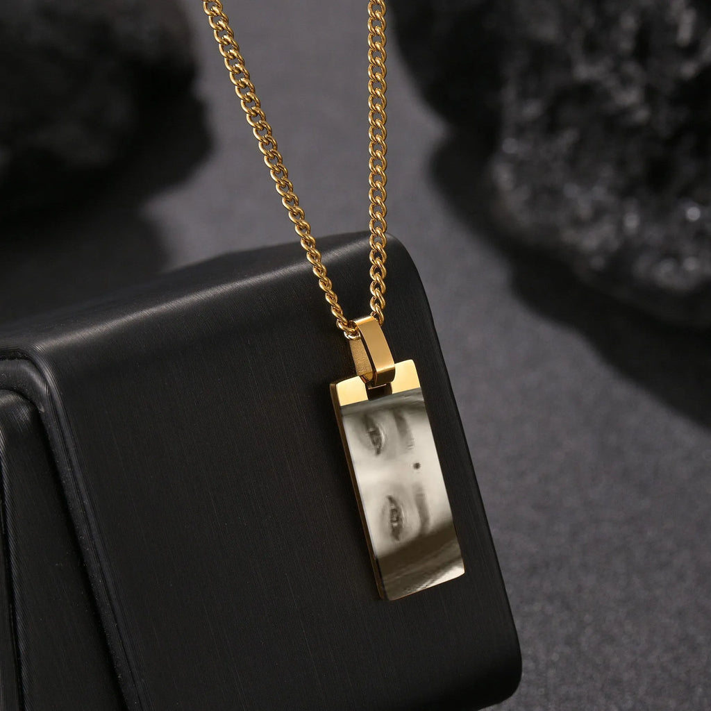 Custom stainless steel photo necklace with engraved eye design, geometric shape, and electroplating finish in a range of colours