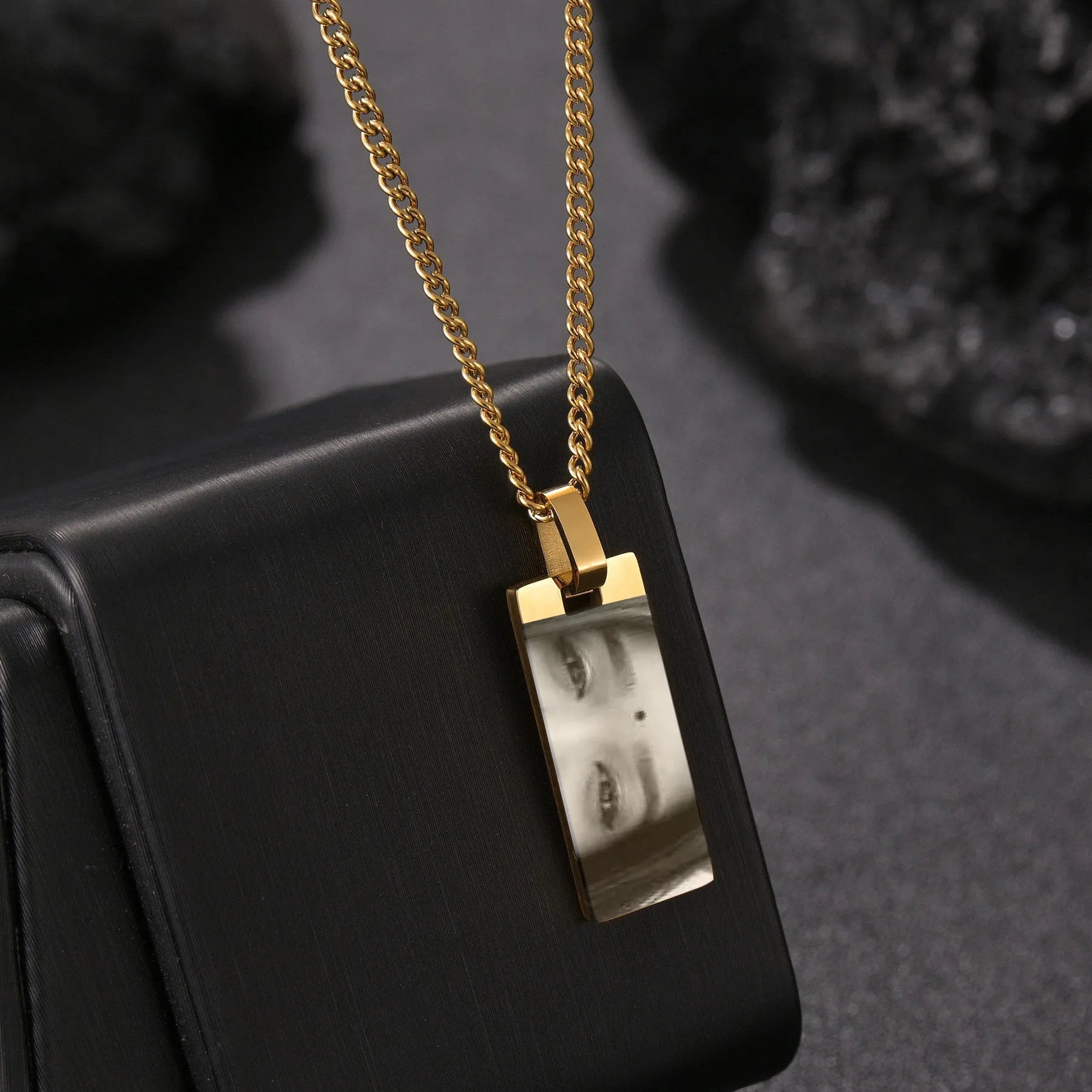 Custom stainless steel photo necklace with engraved eye design, geometric shape, and electroplating finish in a range of colours