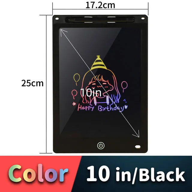 LCD drawing tablet for children with plastic stylus, shown as a light energy writing board in multiple sizes and colours