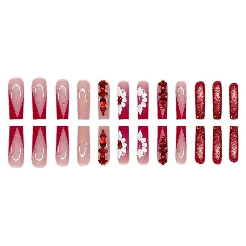 Sweet flower design fake nails with red diamond decoration in European square shape