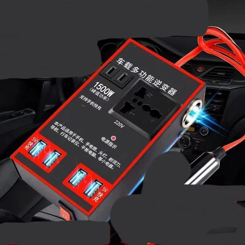 Black automotive power converter transforming 12V/24V vehicle power to 220V AC with 4 USB charging ports