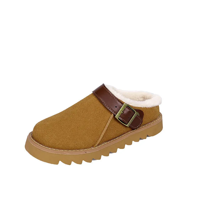 Women's low-top suede snow boots with cotton lining in brown, showing mid heel and rubber sole