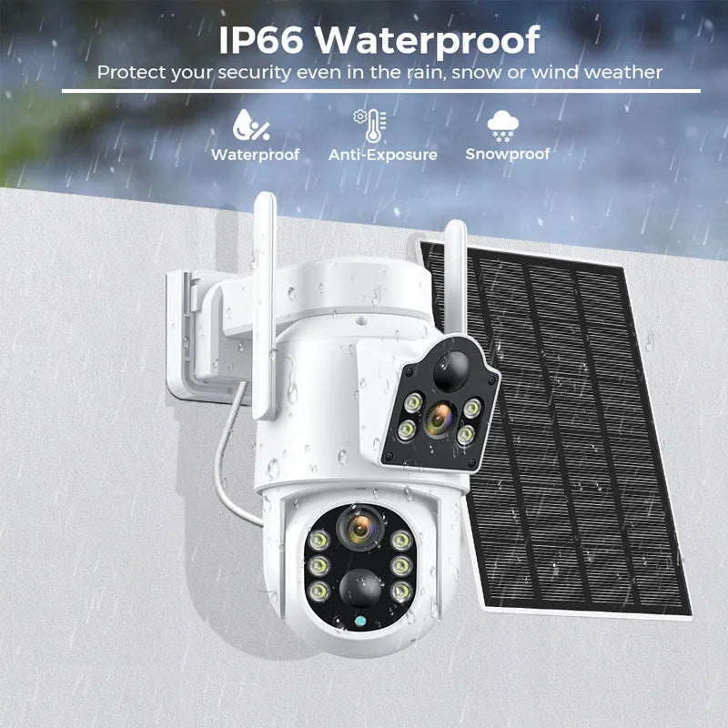 Outdoor solar-powered wireless security camera with solar panel in black and white colour option