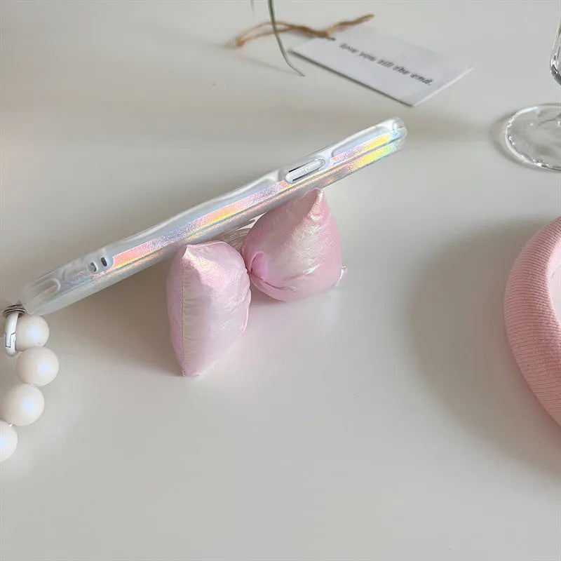 Laser sparkle silicone phone case with bowknot and bracket for iPhone, ladies soft shell cover