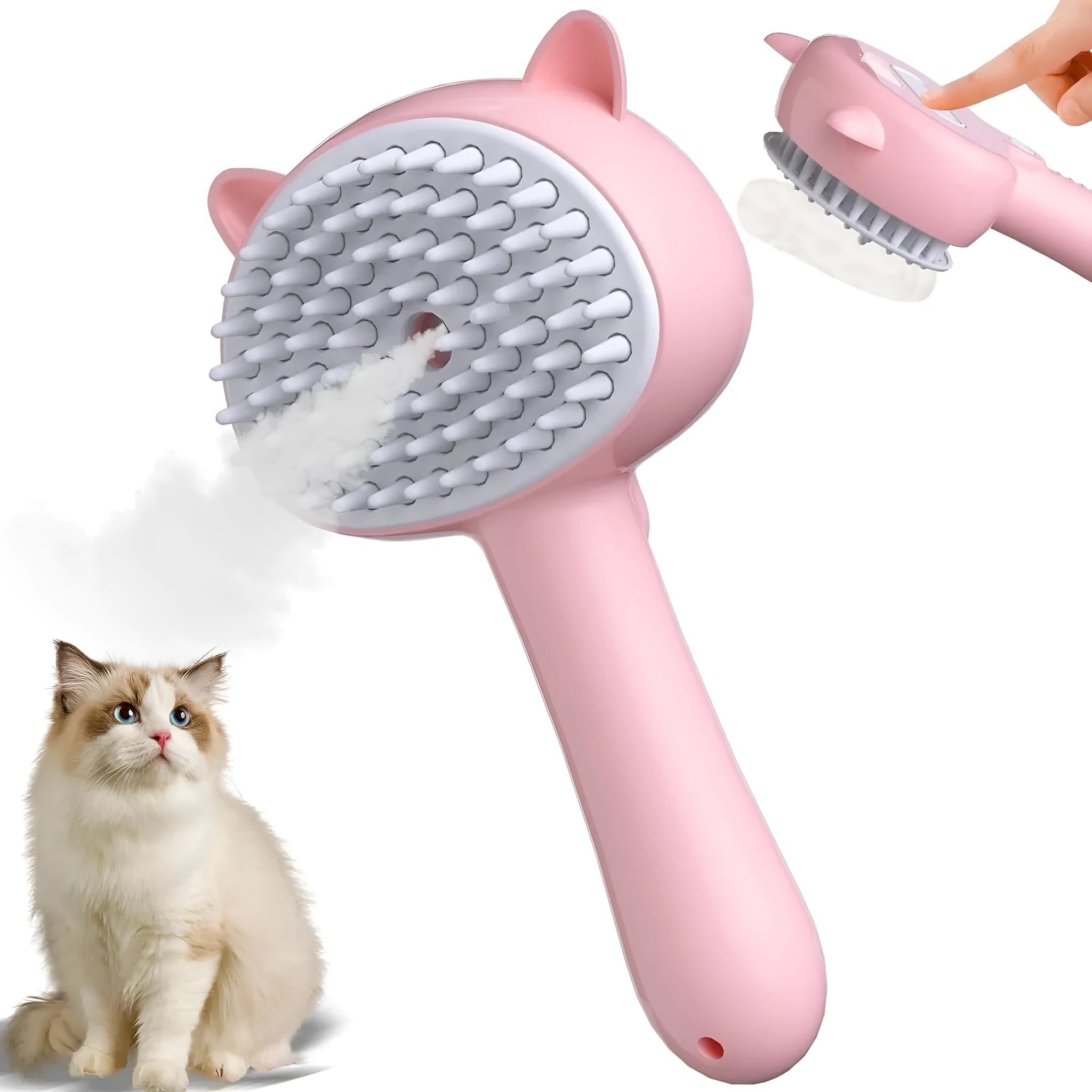Blue cat steam brush with cat ear design and rubber bristles for pet grooming