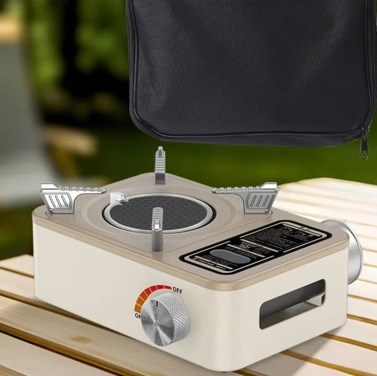 White portable infrared gas stove with stainless steel construction for outdoor camping use.