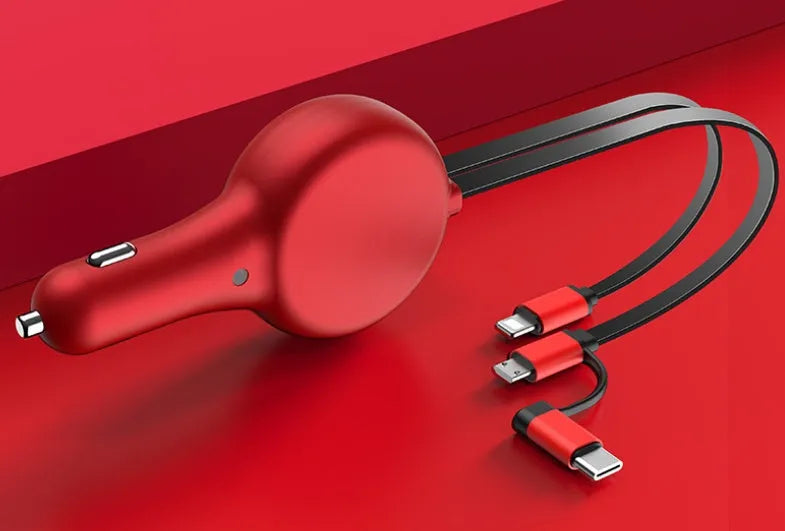 Black retractable car charger with two cables extended, showing USB-A, Type-C, and Lightning ports.