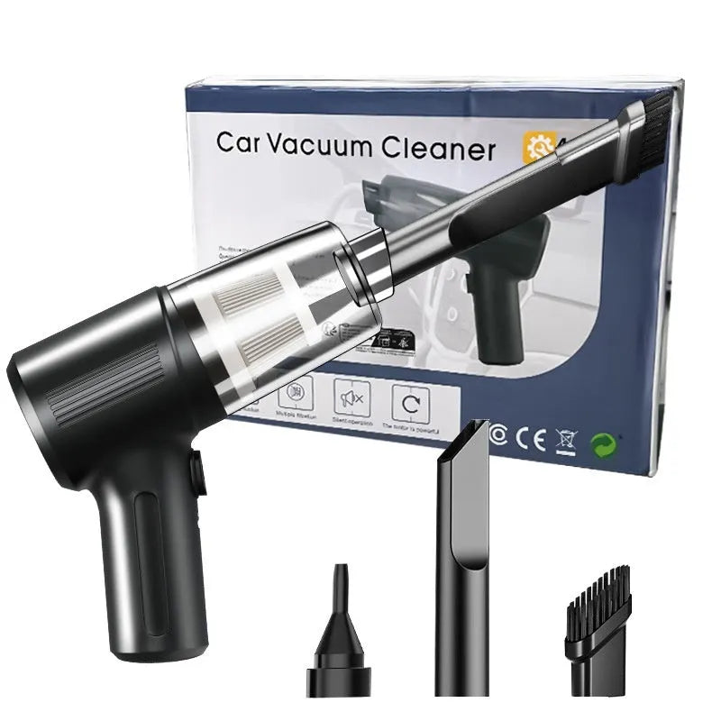 Black portable rechargeable car vacuum cleaner with suction nozzle and blowing nozzle on grey background