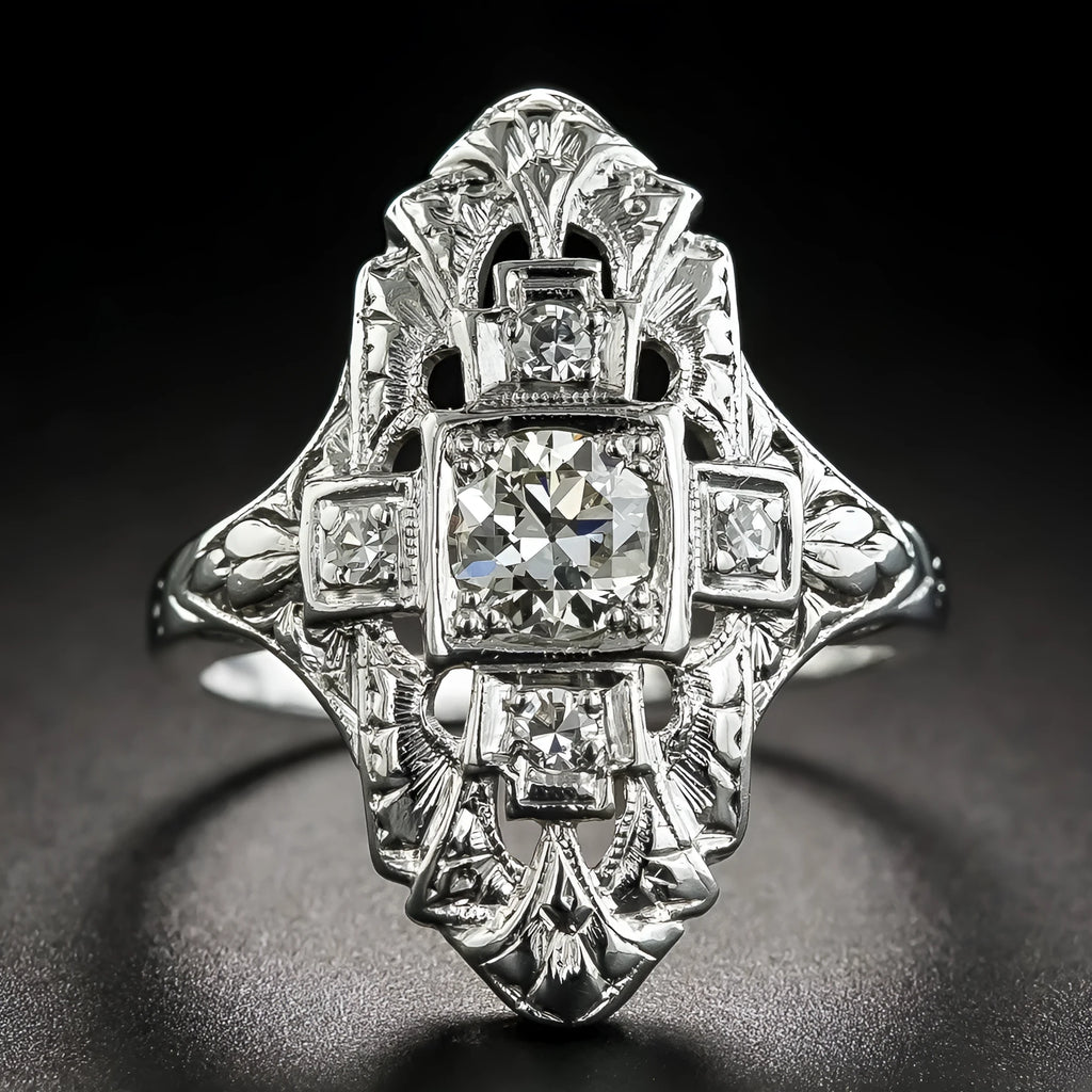 Silver hollow out geometry ring with diamond studs on copper base